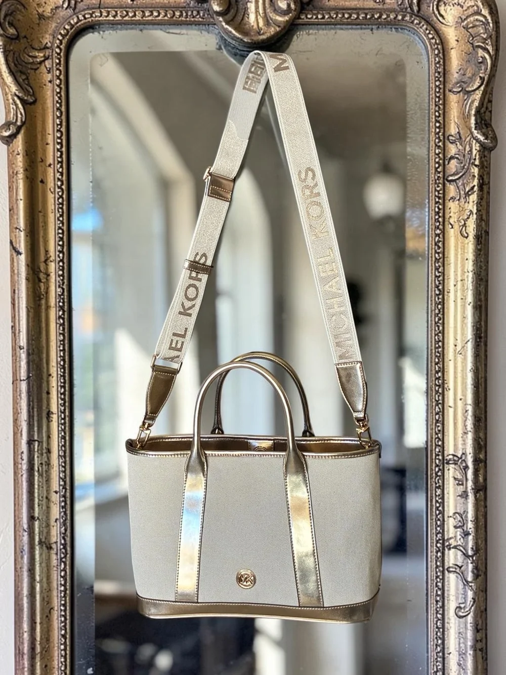 Michael Kors Luisa Medium Cotton Cream Canvas Tote with Gold Trim